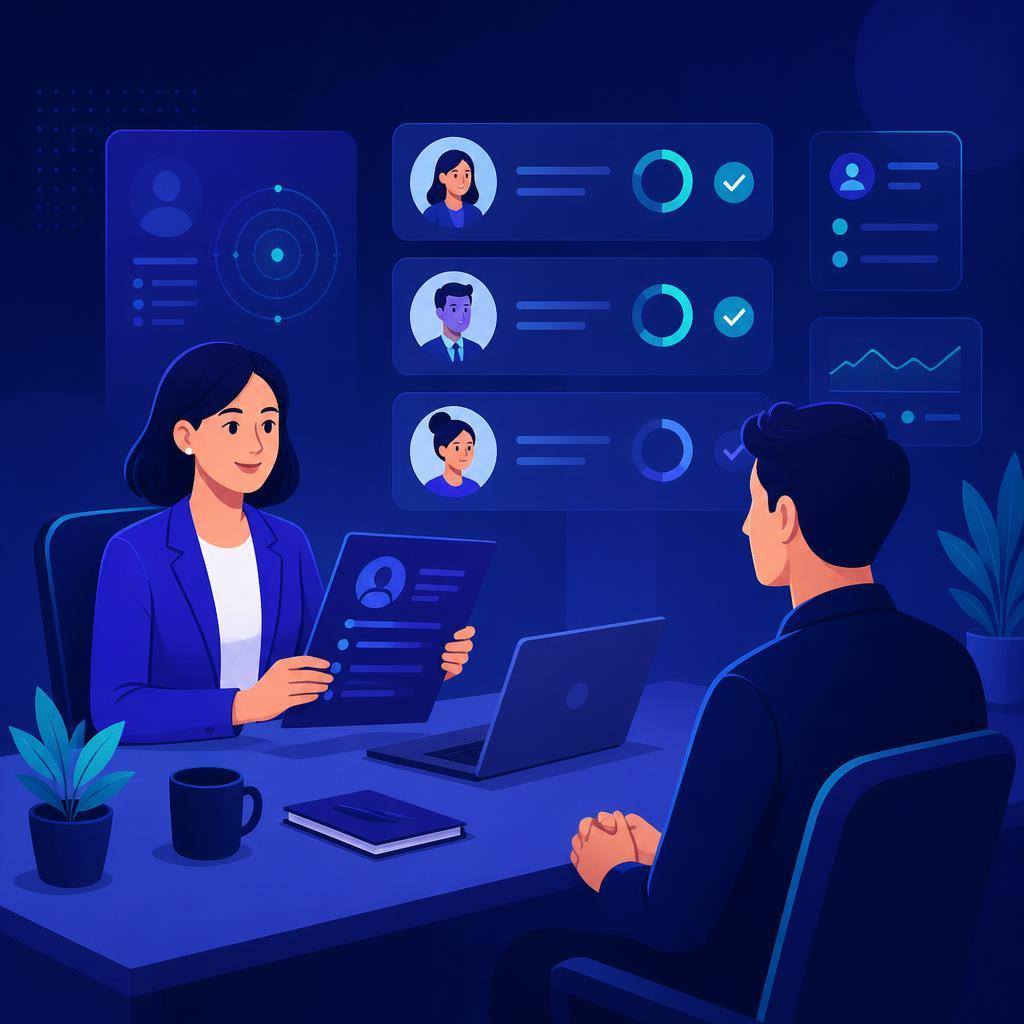 Recruiter reviewing a candidate resume across the desk during an interview